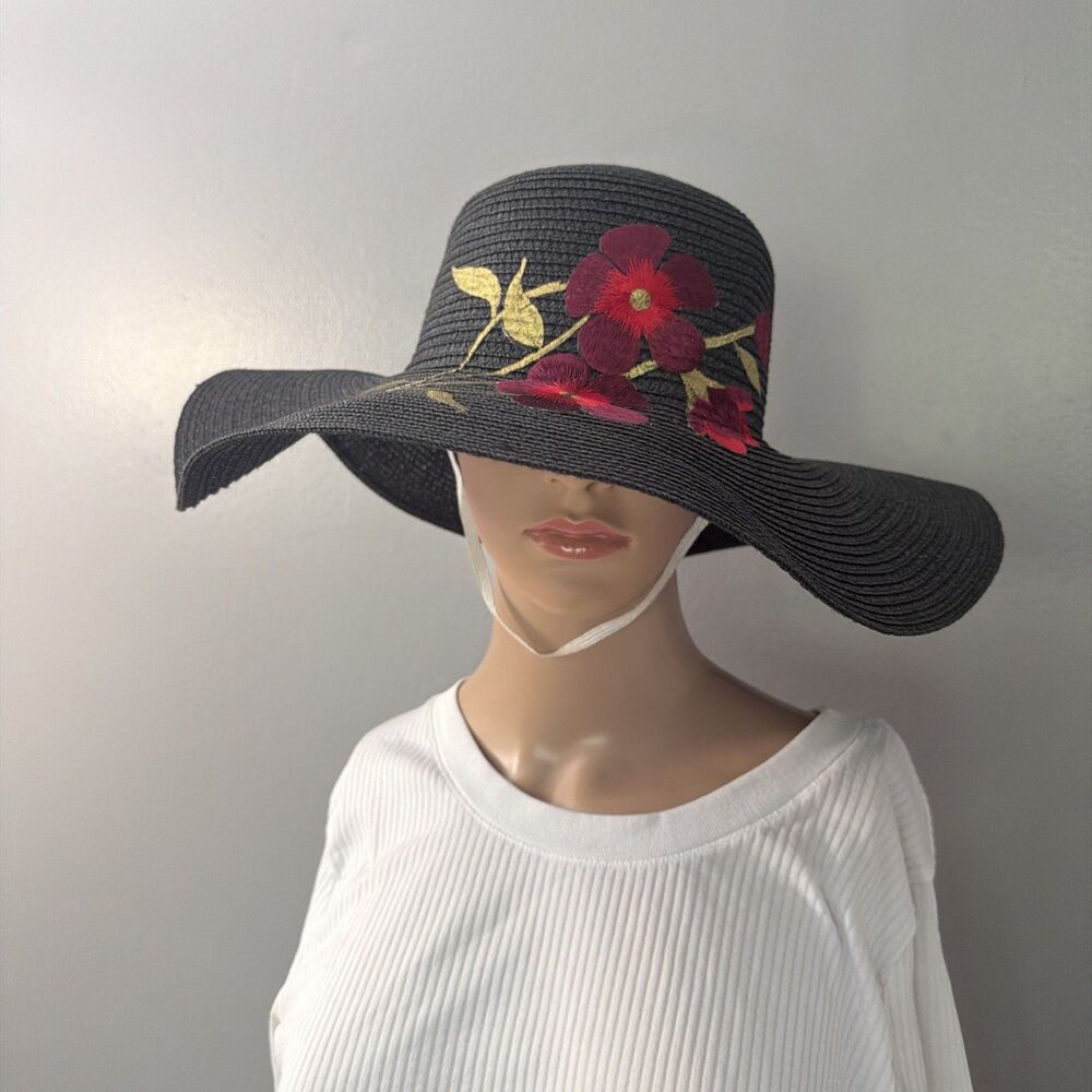 Lucky 7 USA Floppy Beach Hat Black Floral Embroidered Design Wide Brim Sun Hat